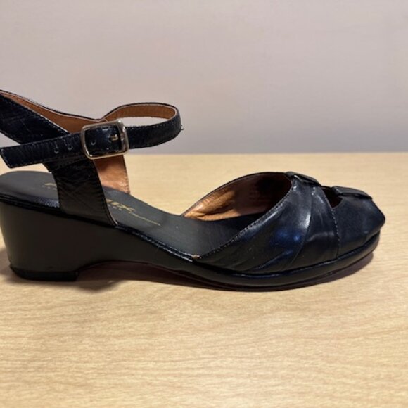 Re-mix Pleated Toe Vintage Style Black Leather Sandal Wedge Peep Toe - Picture 2 of 12